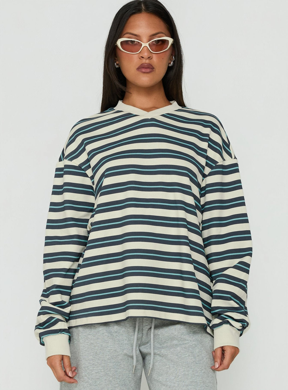 Women's Opollo V Neck Jumper Blue Multi Stripe — Sweater