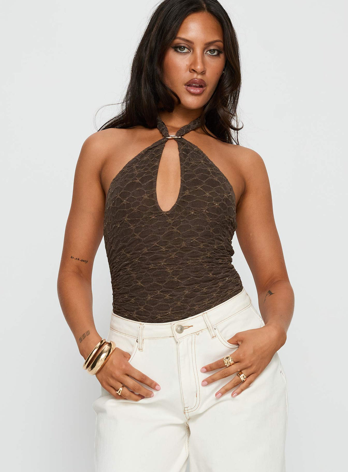 Women's Libbey Hardware Detail Textured Bodysuit Brown