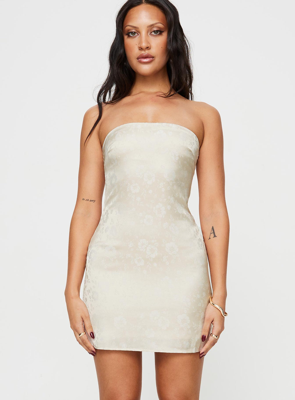 Women's Ramie Strapless Mini Dress Champagne — Dress