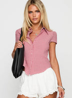 Women's Float Away Button Up Top Red Check