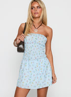 Women's Wishing Wells Shirred Mini Dress Blue Floral — Dress