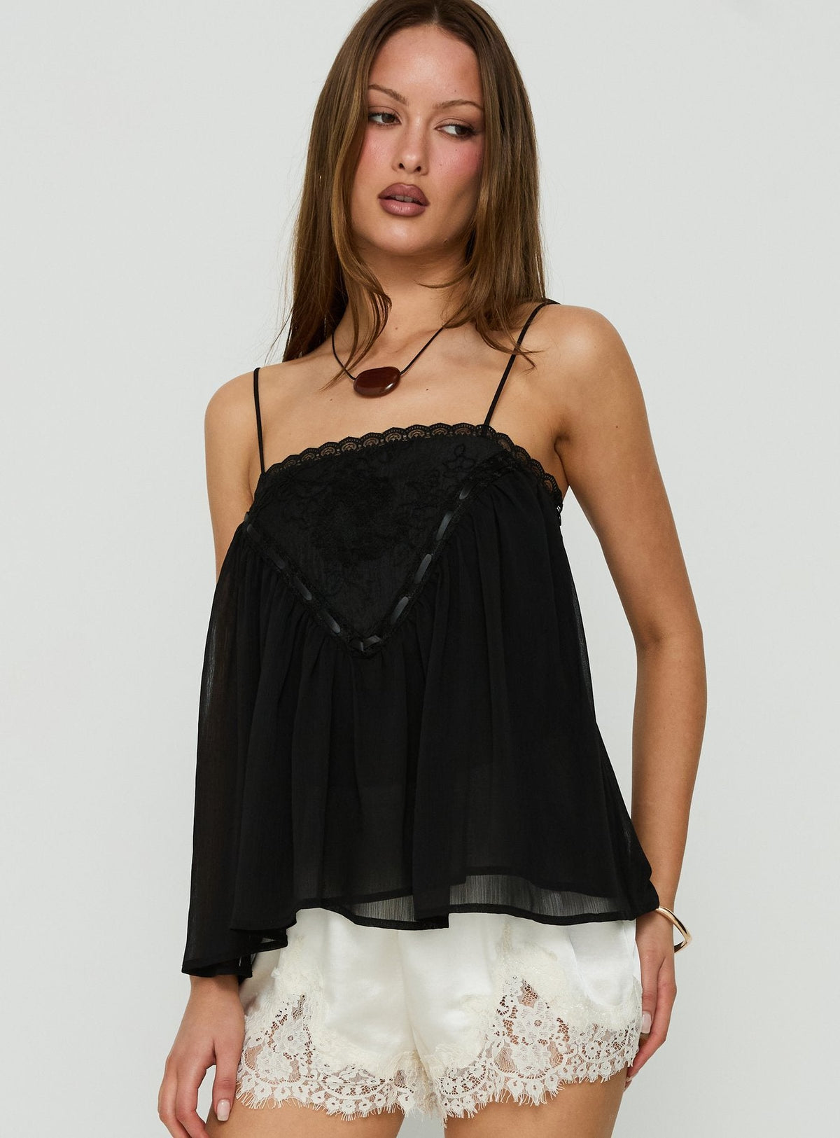 Women's Evaina Lace Trim Flowy Top Black