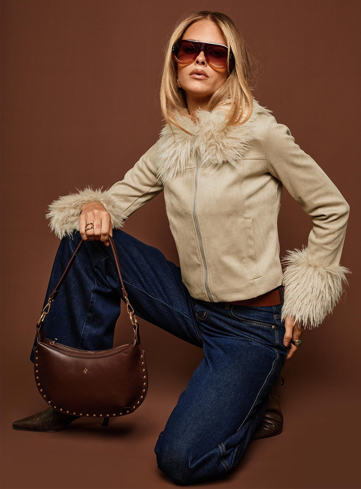 Women's Jeanna Suede Faux Fur Detail Jacket Beige