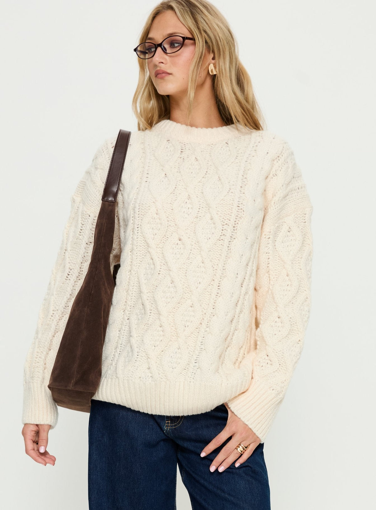 Women's Rorey Cable Knit Crew Neck Sweater White