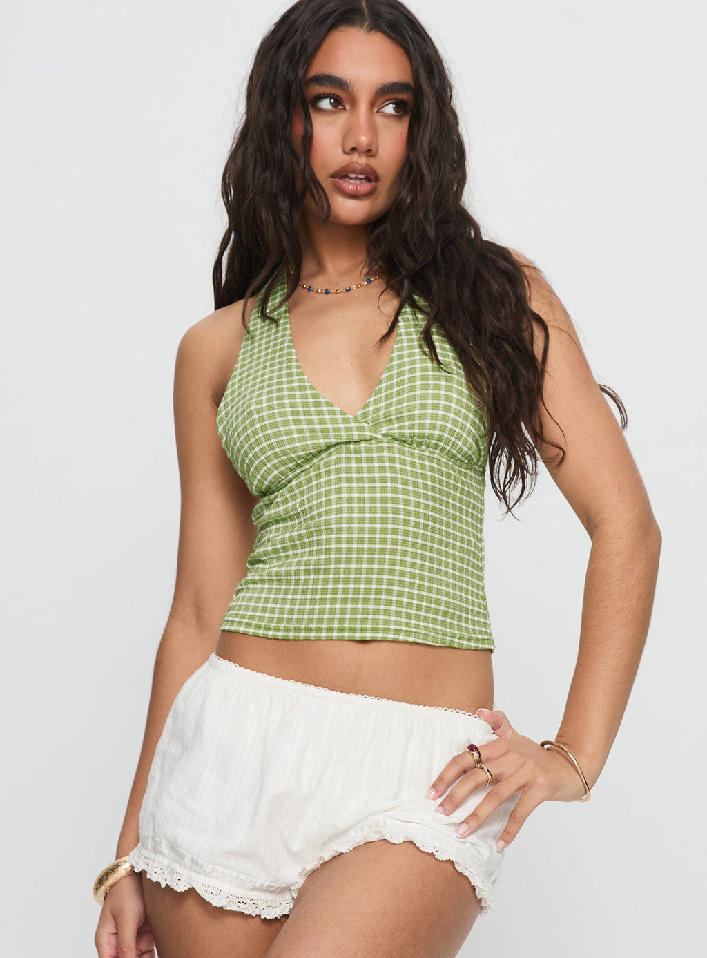 Women's Whimsy Halter Top Sage Gingham