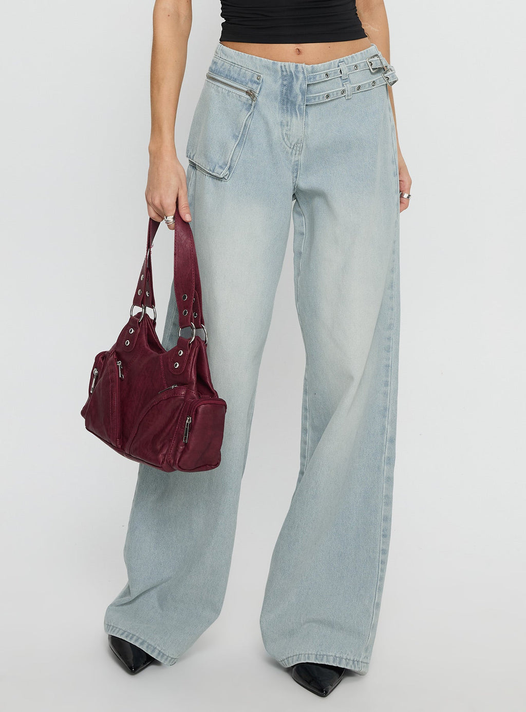 Women's Paltrow Mid Rise Wide Leg Cargo Jeans Faded Blue Wash
