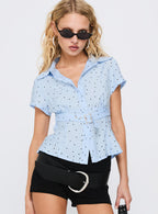 Women's Esteem Buckle Detail Short Sleeve Shirt Blue Polka — Top