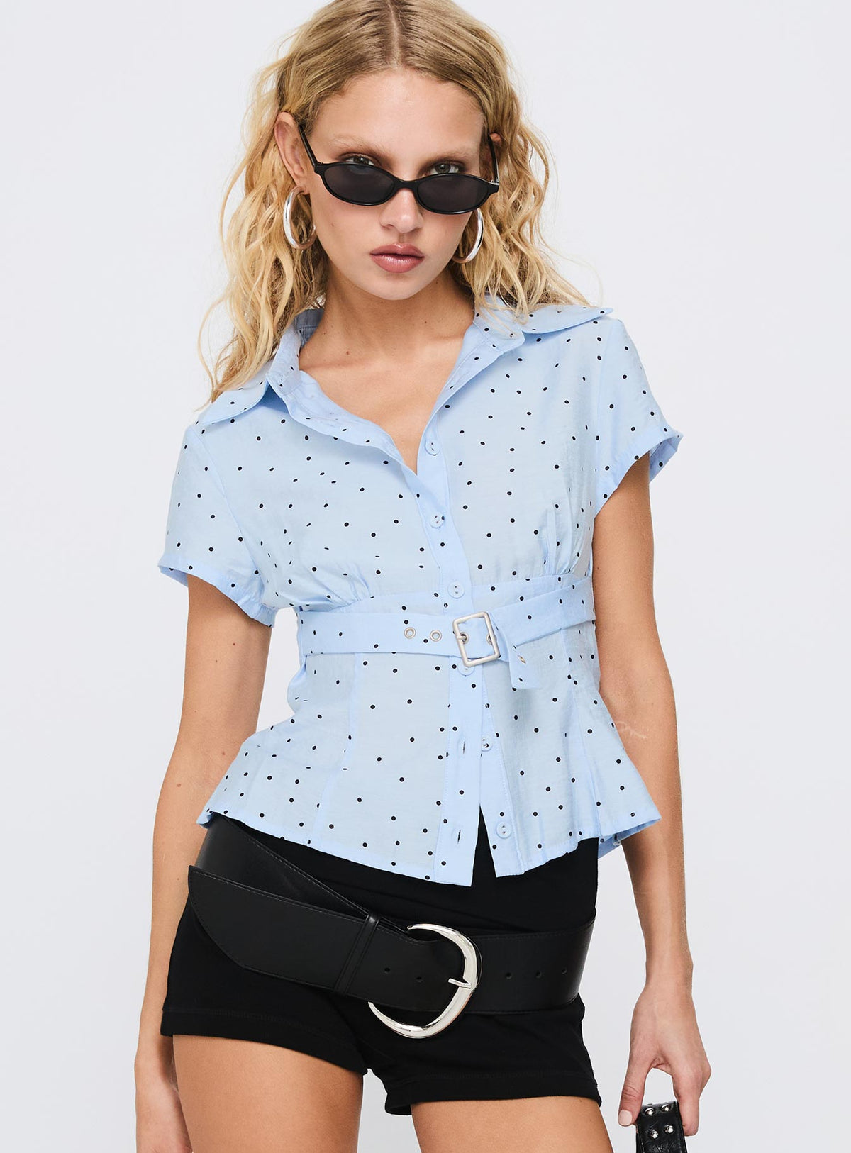 Women's Esteem Buckle Detail Short Sleeve Shirt Blue Polka — Top