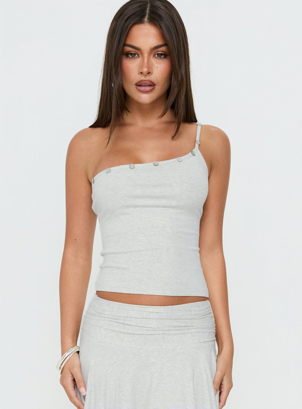 Women's Mimmi One Shoulder Button Detail Top Grey