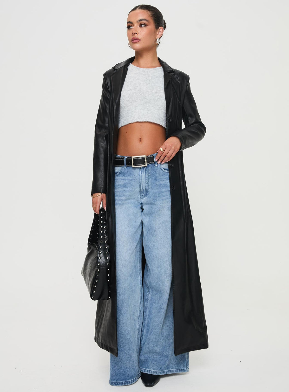 Women's Speak Easy Long Line Faux Leather Coat Black — Jacket