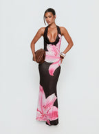 Women's Kanara Halter Plunge Maxi Dress Chocolate / Pink Floral — Dress