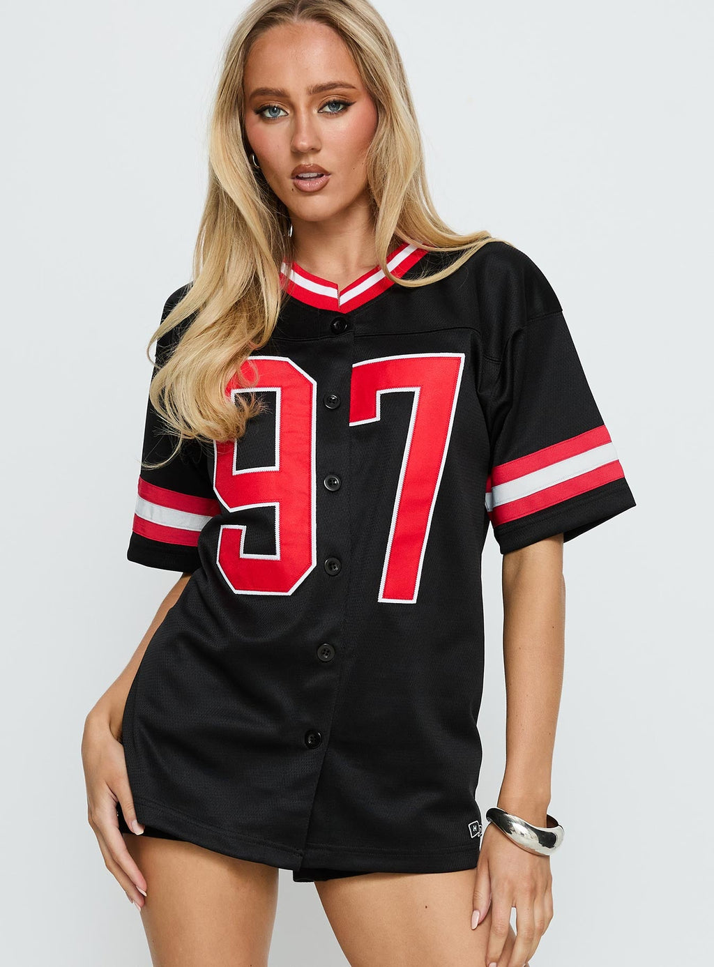 Women's SDSU Football Button Down Jersey Black — Top