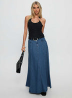 Women's Charleigh Soft Pleat Denim Maxi Skirt Mid Blue Wash
