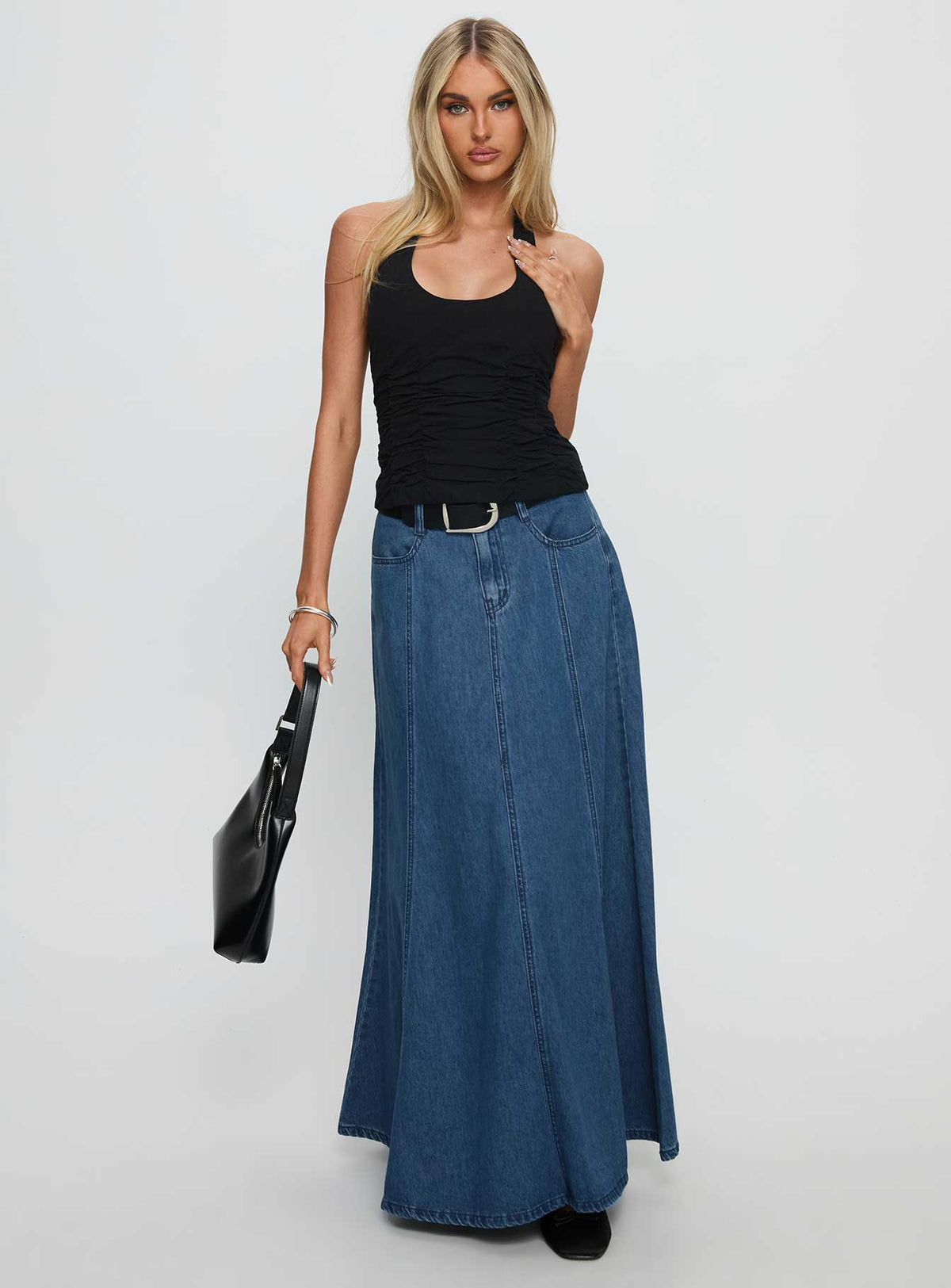 Women's Charleigh Soft Pleat Denim Maxi Skirt Mid Blue Wash