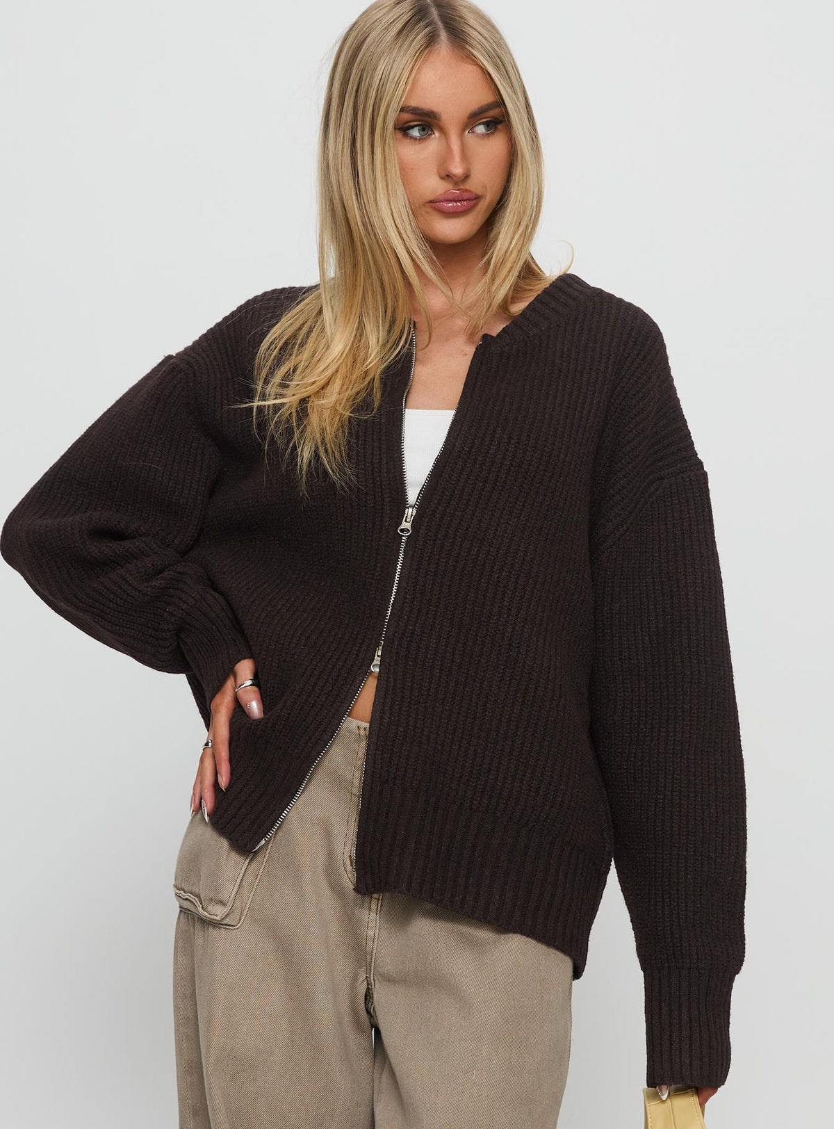 Women's Lexene Zip Through Jumper Chocolate — Sweater