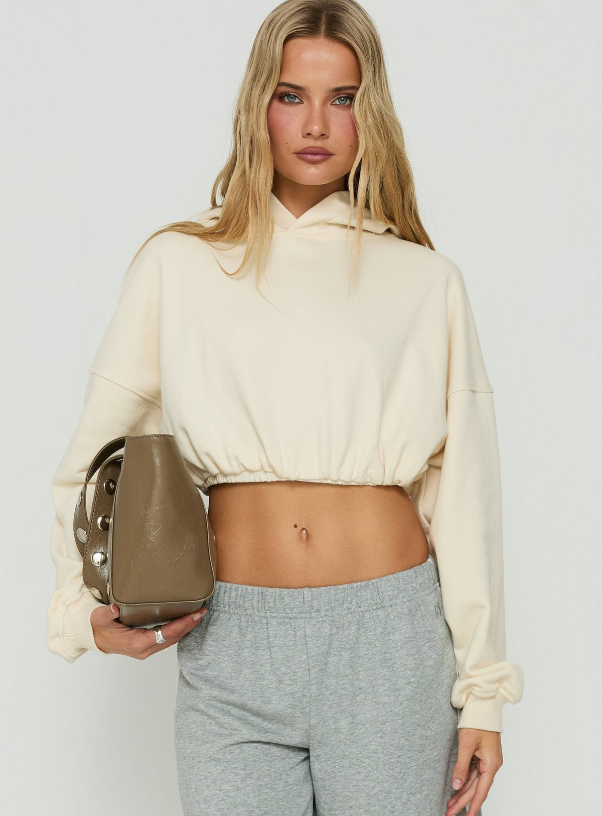 Women's Mayse Bubble Hem Cropped Hoodie Cream — Sweater