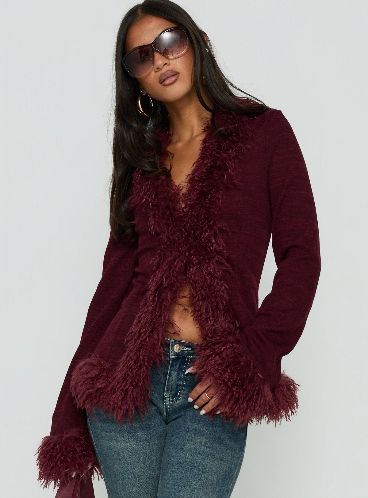 Women's Brynlie Faux Fur Trim Boxy Cardigan Burgundy — Sweater
