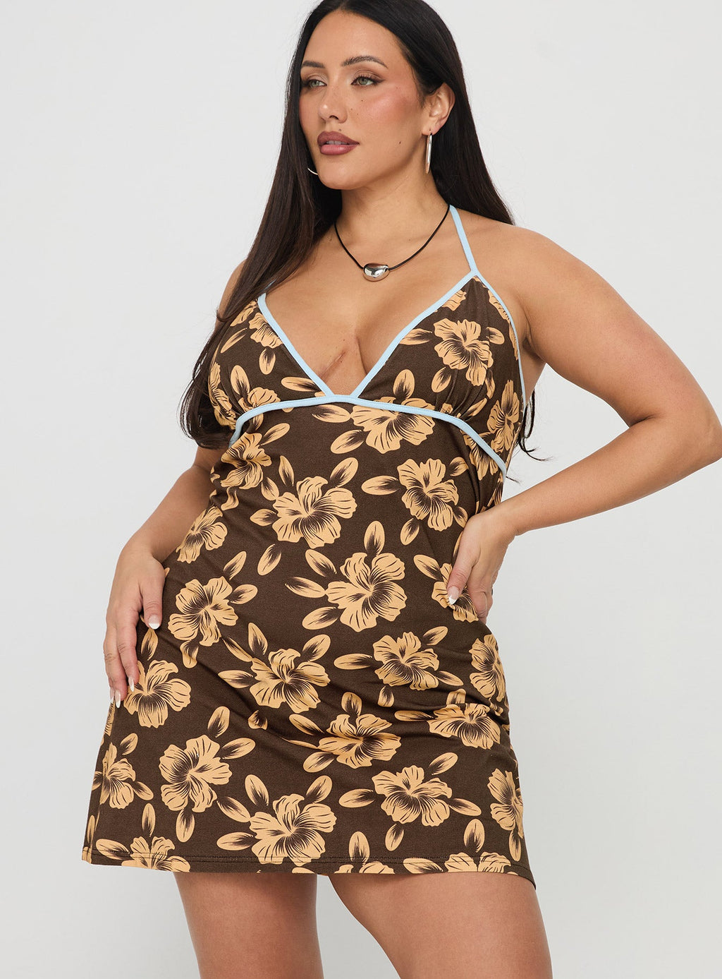 Women's Mishie Halter Mini Dress Brown / Blue Floral Curve — Dress