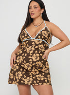 Women's Mishie Halter Mini Dress Brown / Blue Floral Curve — Dress