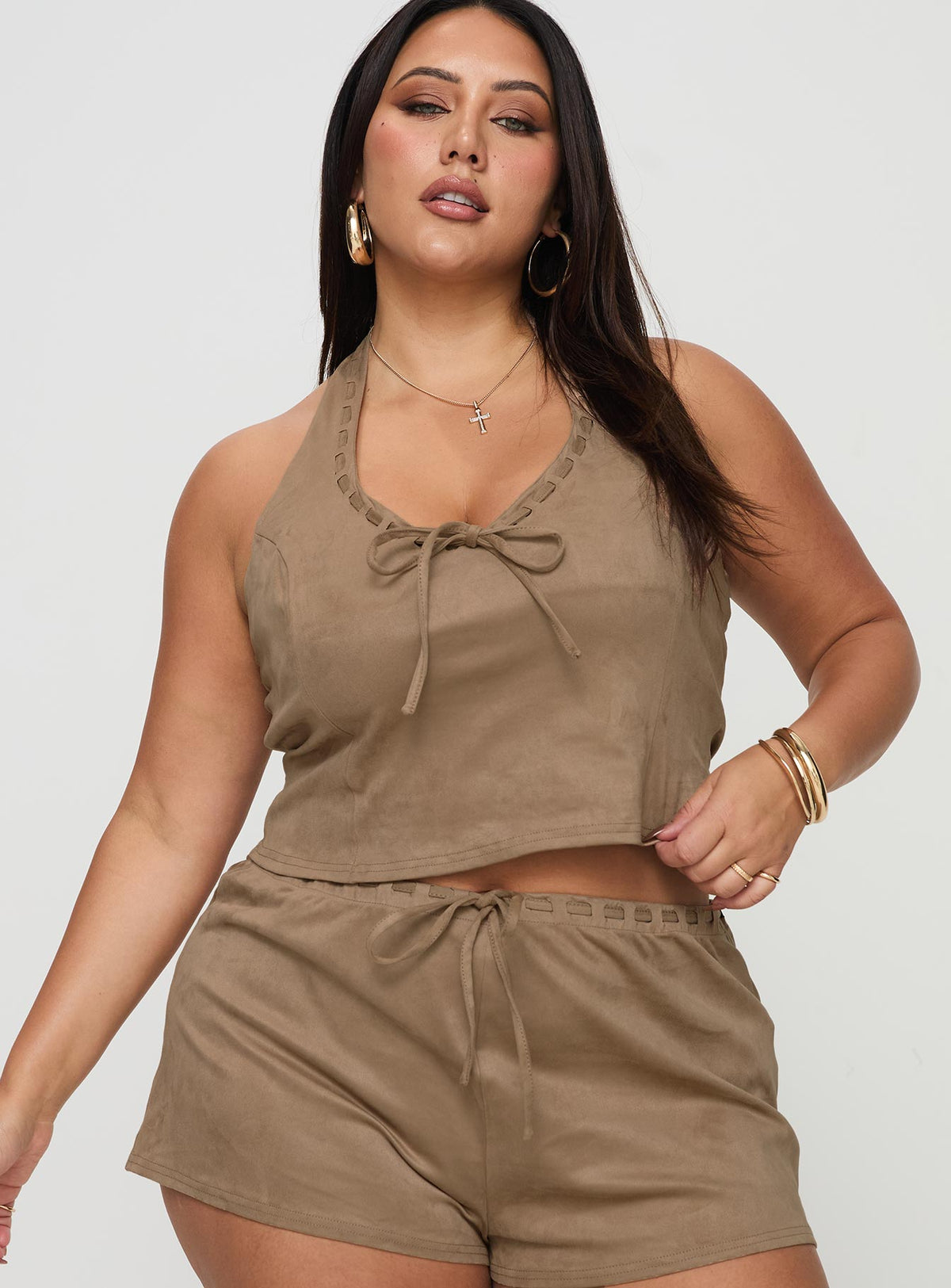 Women's Eternal Youth Faux Suede Top Taupe Curve
