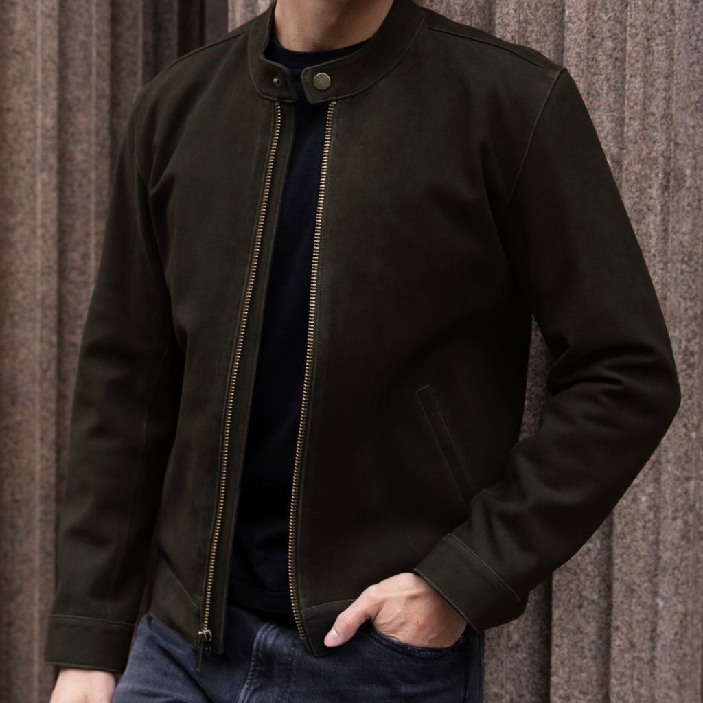 Men's Racer Jacket | Dark Olive Suede