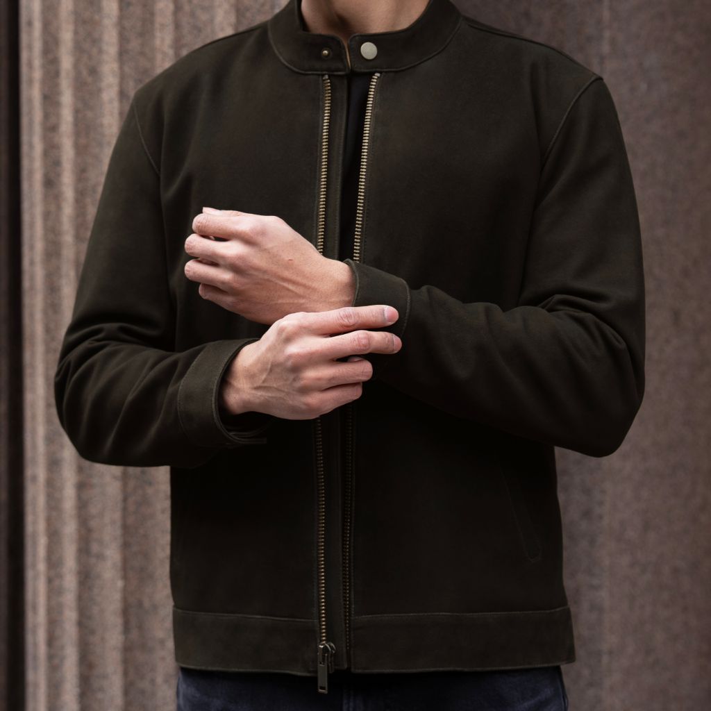 Men's Racer Jacket | Dark Olive Suede