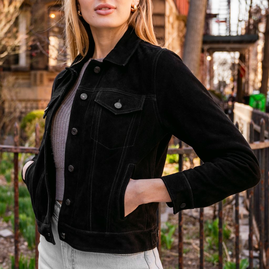 Women's Suede Trucker Jacket | Black