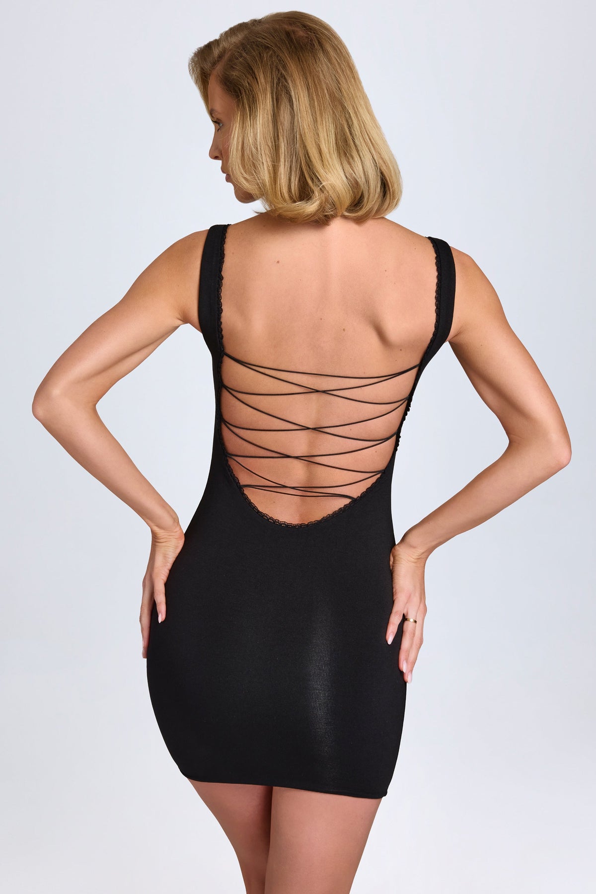 Women's Modal Lace-Trim Bodycon Mini Dress in Black — Dress