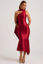 Women's Asymmetric Scarf-Detail Midaxi Dress in True Red — Dress