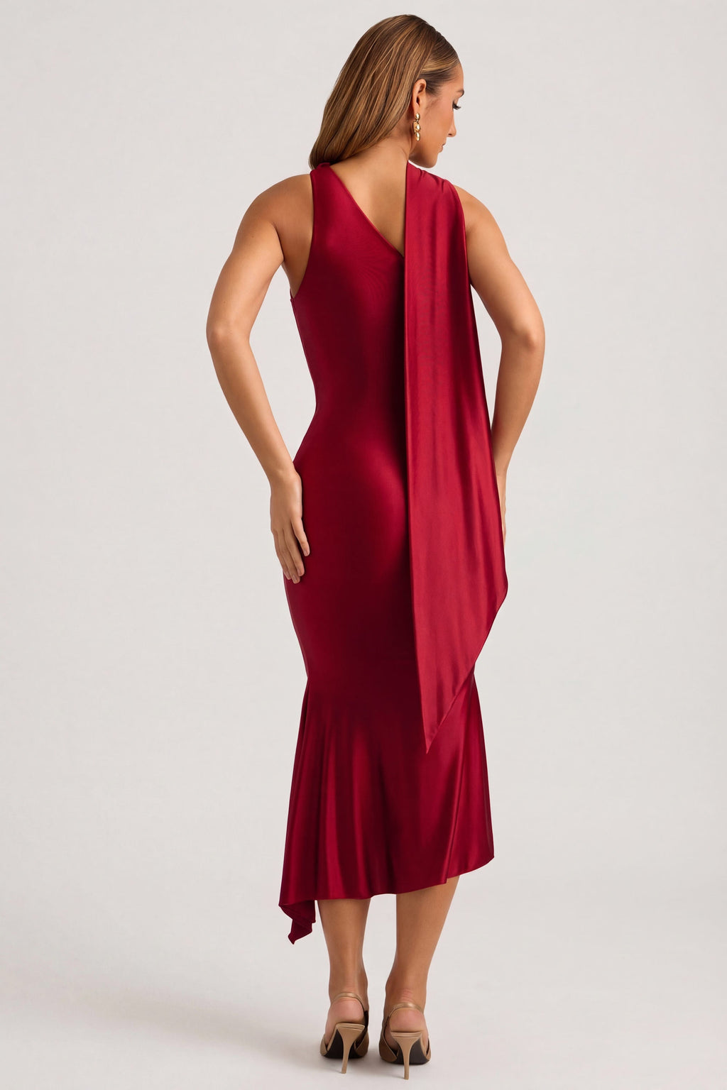 Women's Asymmetric Scarf-Detail Midaxi Dress in True Red — Dress