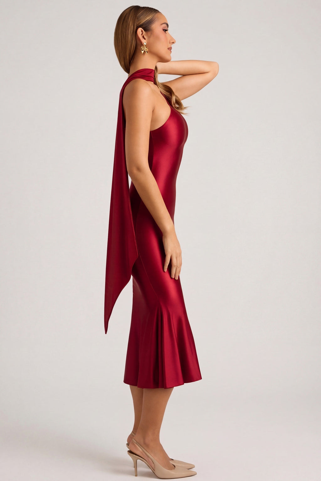 Women's Asymmetric Scarf-Detail Midaxi Dress in True Red — Dress
