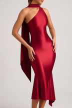 Women's Asymmetric Scarf-Detail Midaxi Dress in True Red — Dress