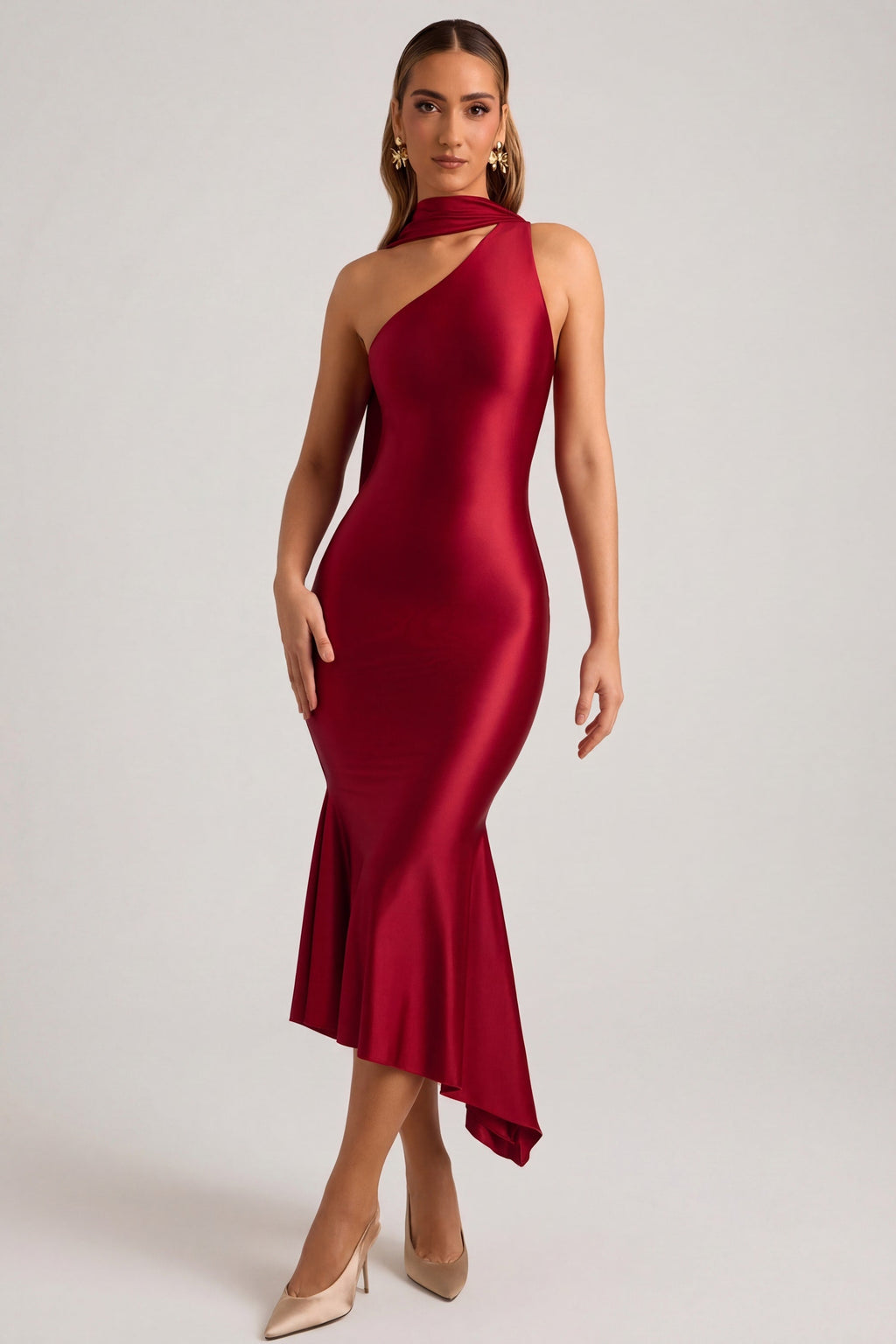 Women's Asymmetric Scarf-Detail Midaxi Dress in True Red — Dress