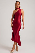 Women's Asymmetric Scarf-Detail Midaxi Dress in True Red — Dress