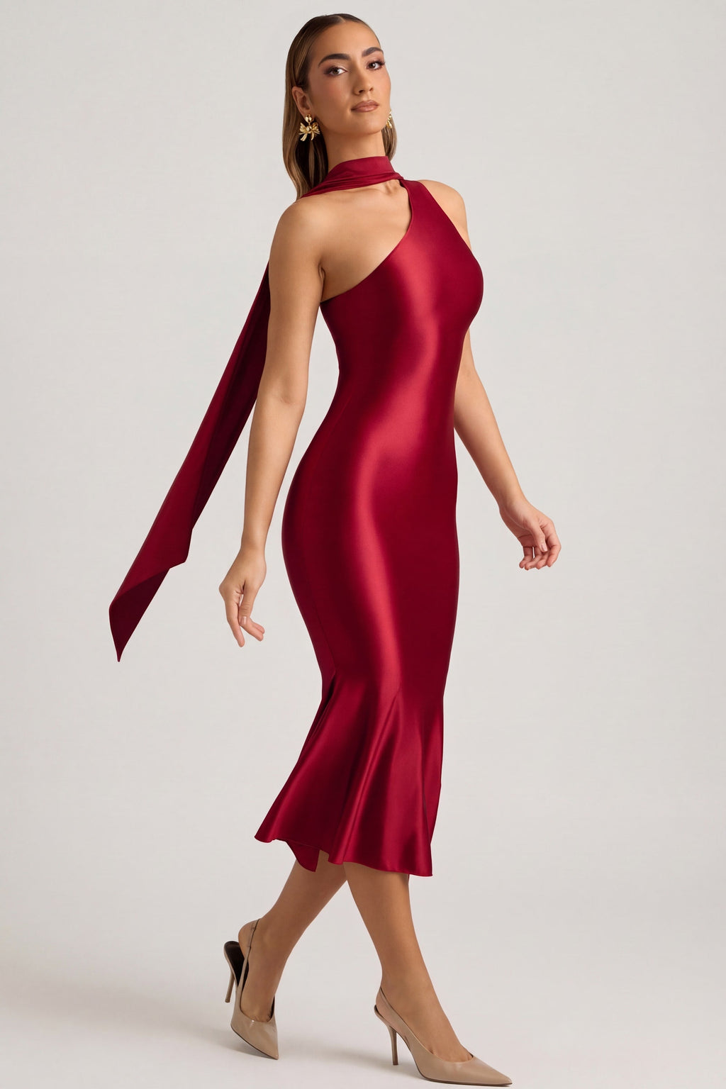 Women's Asymmetric Scarf-Detail Midaxi Dress in True Red — Dress
