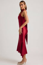 Women's Asymmetric Scarf-Detail Midaxi Dress in True Red — Dress