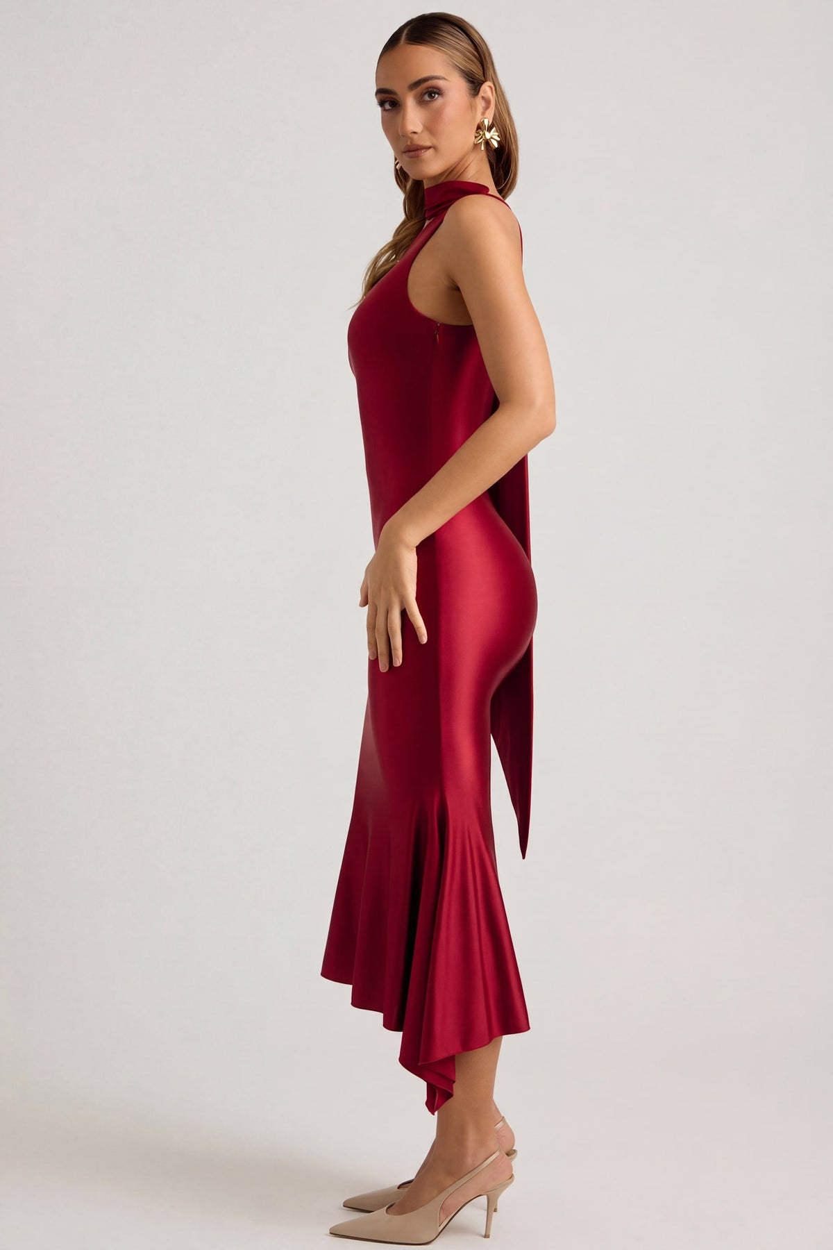 Women's Asymmetric Scarf-Detail Midaxi Dress in True Red — Dress