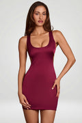 Women's Scoop Neck Lace-up Back Mini Dress in Wine Red — Dress