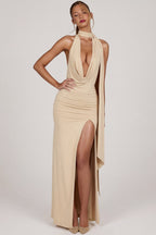 Women's Soft-Jersey Plunge Halterneck Maxi Dress in Champagne — Dress
