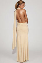 Women's Soft-Jersey Plunge Halterneck Maxi Dress in Champagne — Dress