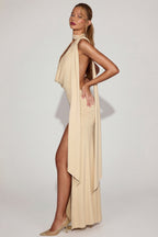 Women's Soft-Jersey Plunge Halterneck Maxi Dress in Champagne — Dress