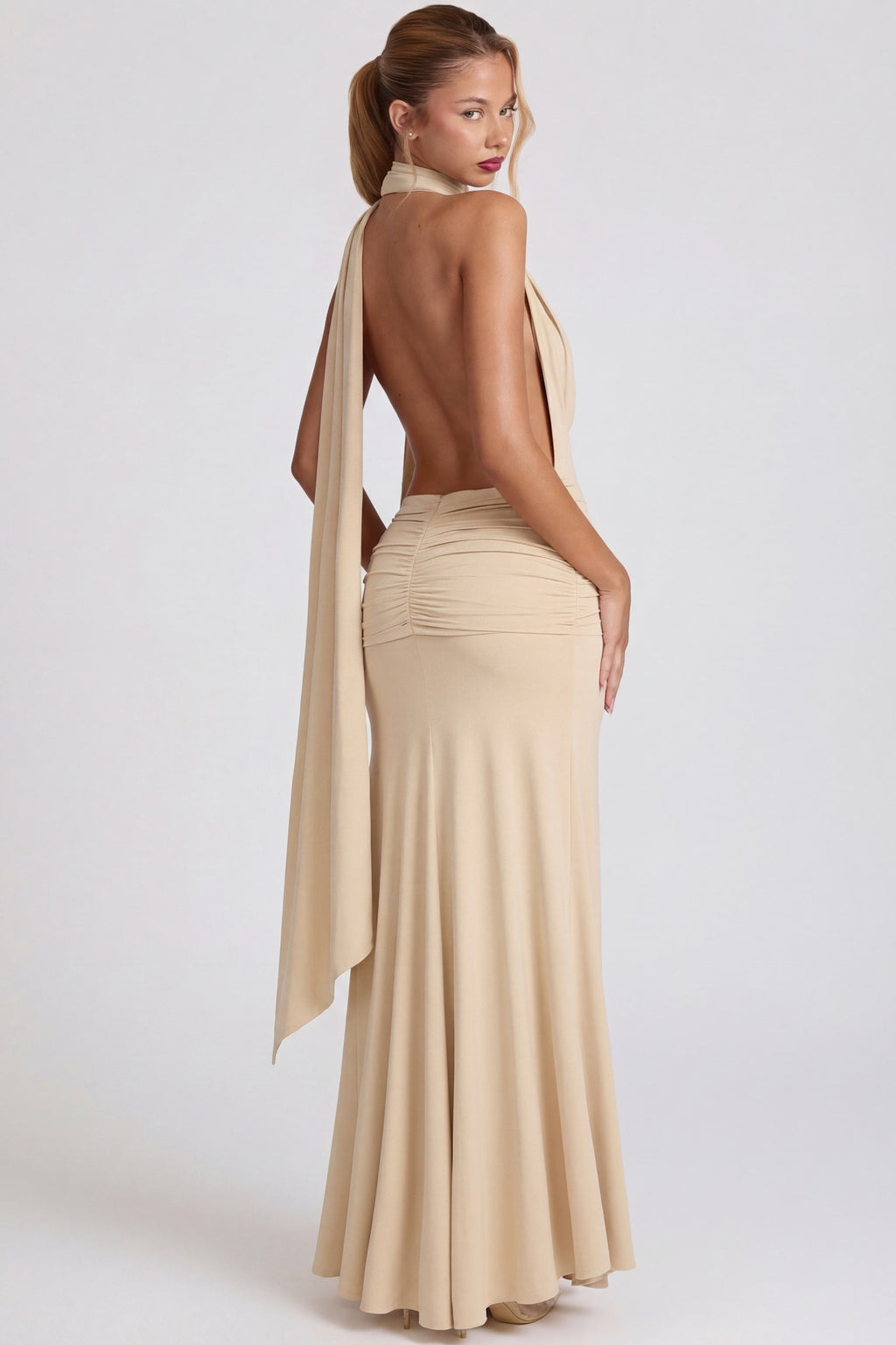 Women's Soft-Jersey Plunge Halterneck Maxi Dress in Champagne — Dress