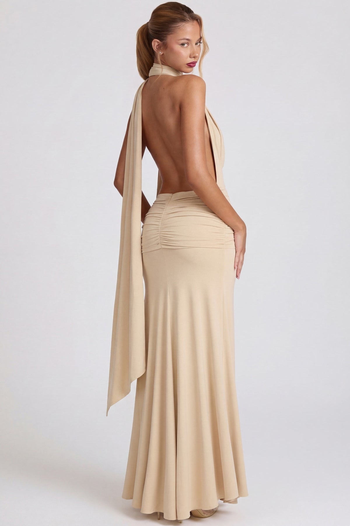 Women's Soft-Jersey Plunge Halterneck Maxi Dress in Champagne — Dress