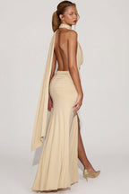 Women's Soft-Jersey Plunge Halterneck Maxi Dress in Champagne — Dress