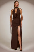 Women's Soft-Jersey Plunge Halterneck Maxi Dress in Chocolate Brown — Dress