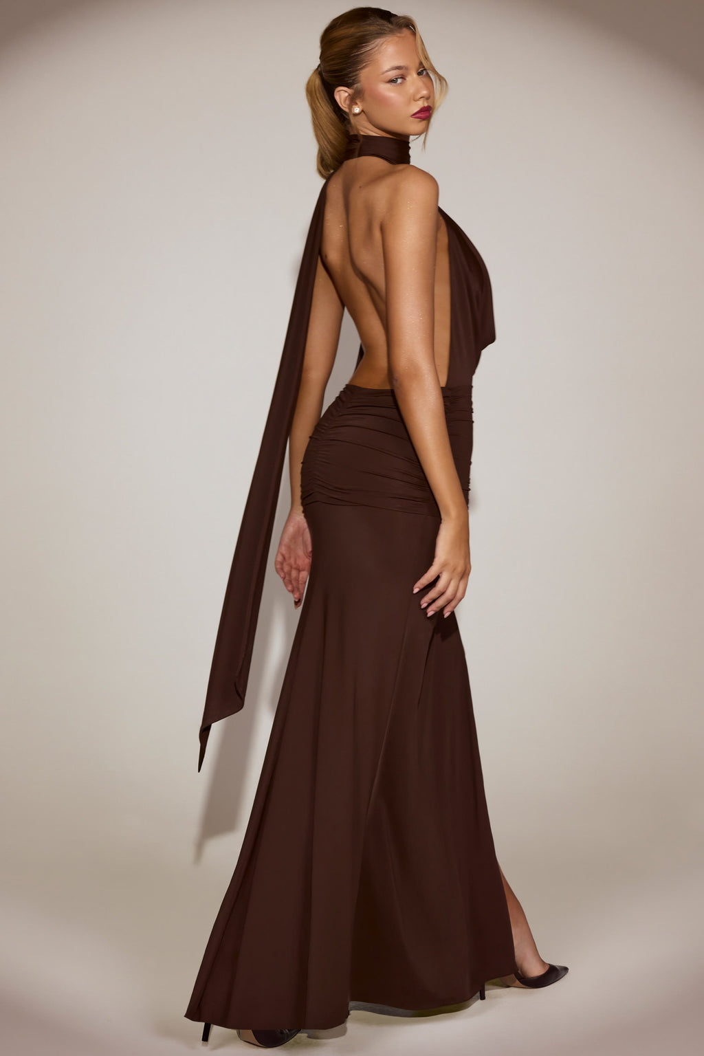 Women's Soft-Jersey Plunge Halterneck Maxi Dress in Chocolate Brown — Dress