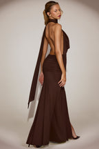 Women's Soft-Jersey Plunge Halterneck Maxi Dress in Chocolate Brown — Dress
