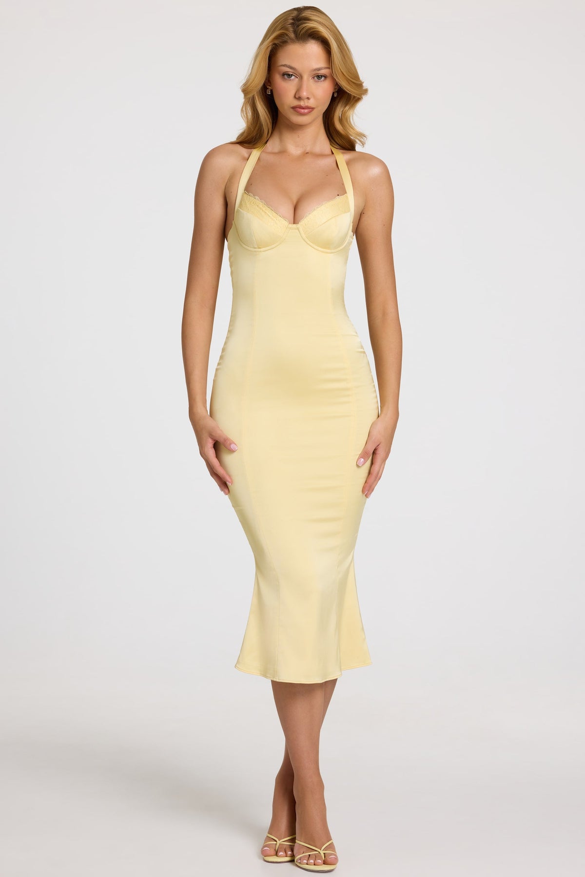 Women's Satin Sweetheart Bustier Fishtail Midaxi Dress in Butter Yellow — Dress