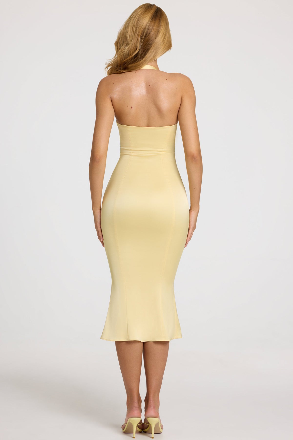 Women's Satin Sweetheart Bustier Fishtail Midaxi Dress in Butter Yellow — Dress