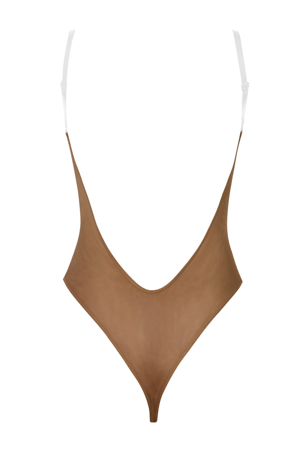 Women's Soft Mesh Invisible Strap Thong Bodysuit in Almond — Intimates